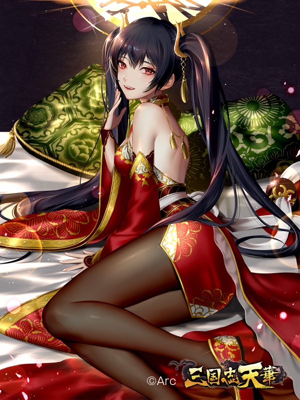 arm_support, ass, back, bangs, bare_shoulders, black_hair, blush, brown_legwear