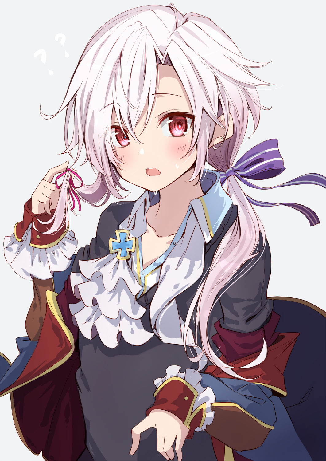 1girl, blue_bow, blush, bow, commentary_request, cross, dot_nose, eyebrows_visible_through_hair, frills, fuku_kitsune_(fuku_fox), grey_background, grey_shirt, hair_between_eyes, hair_bow, hair_ornament, highres, jacket, joshua_lerner, long_hair, long_sleeves, looking_at_viewer, off_shoulder, pink_ribbon, red_eyes, red_jacket, ribbon, shironeko_project, shirt, simple_background, sleeves_past_wrists, solo, white_hair