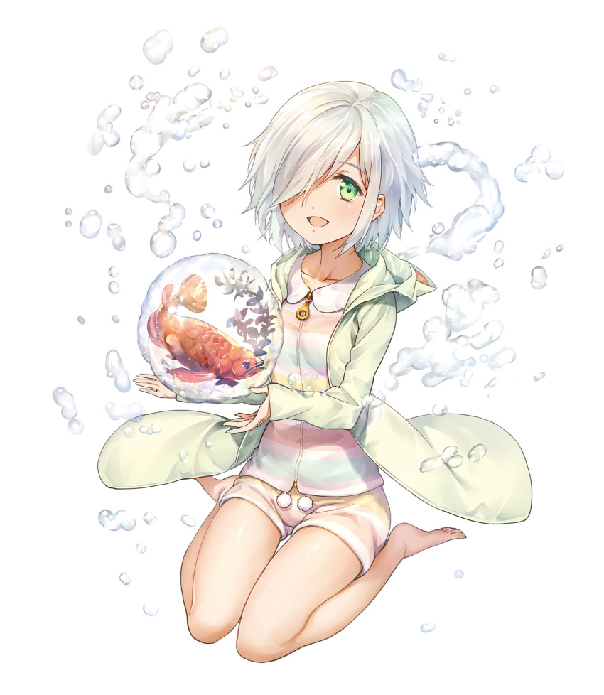 1girl, :d, barefoot, darwin's_game, fish, full_body, green_coat, green_eyes