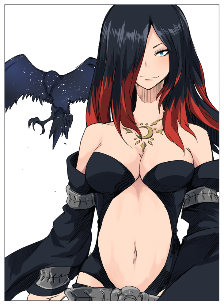 1girl, bare_shoulders, belt, bird, black_hair, blue_eyes, breast_tattoo, breasts