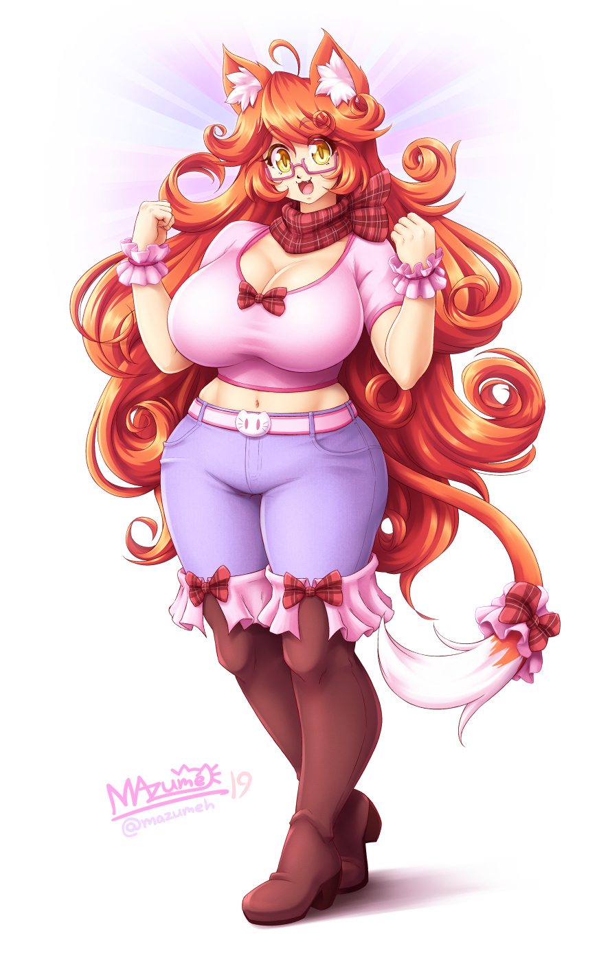 1girl, :3, animal_ears, belt, boots, bow, breasts, cat_ears, cat_tail, cleavage, curly_hair, denim, highres, jeans, large_breasts, long_hair, mazume, natalie_(mazume), navel, open_mouth, orange_eyes, orange_hair, original, pants, semi-rimless_eyewear, signature, tail, tail_bow, white_background