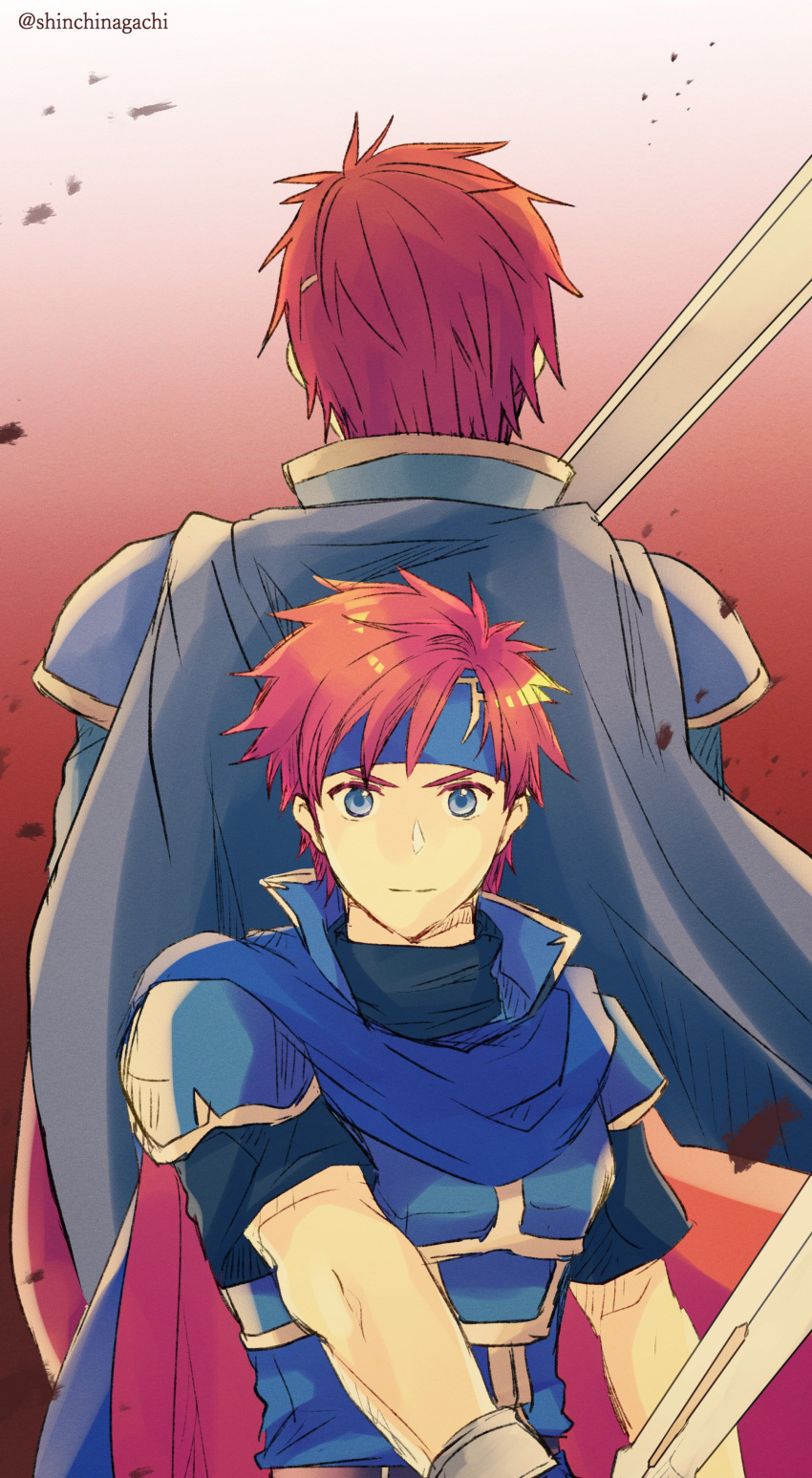 2boys, absurdres, armor, blue_eyes, cape, eliwood_(fire_emblem), father_and_son, fire_emblem