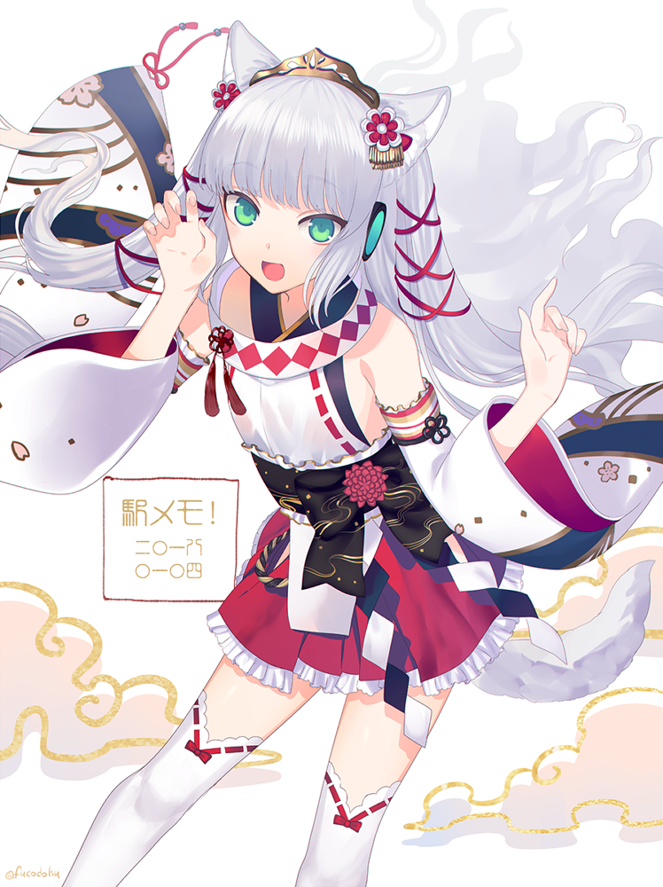 1girl, :d, animal_ears, bow_legwear, claw_pose, copyright_name, detached_sleeves, feet_out_of_frame