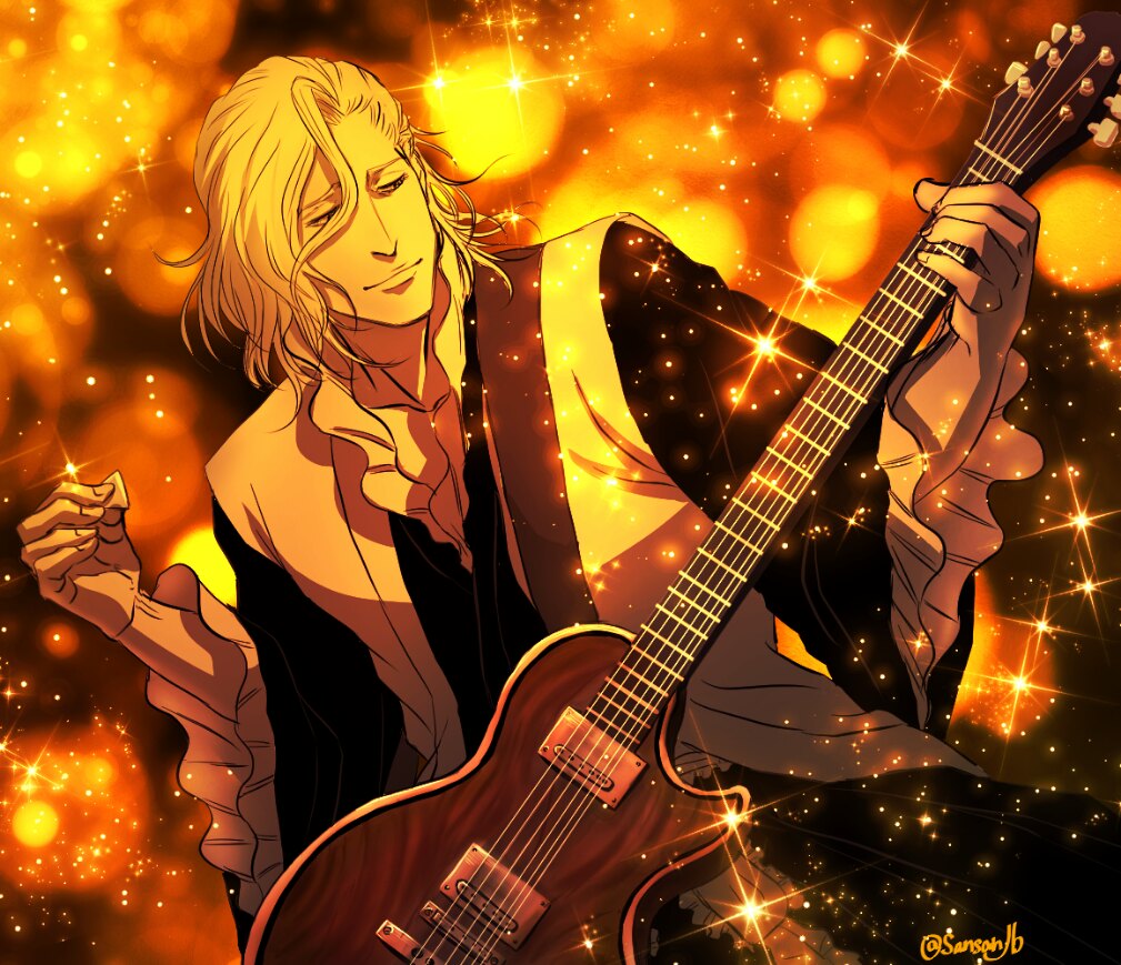 1boy, bleach, closed_mouth, guitar, hair_between_eyes, haori, holding, holding_instrument