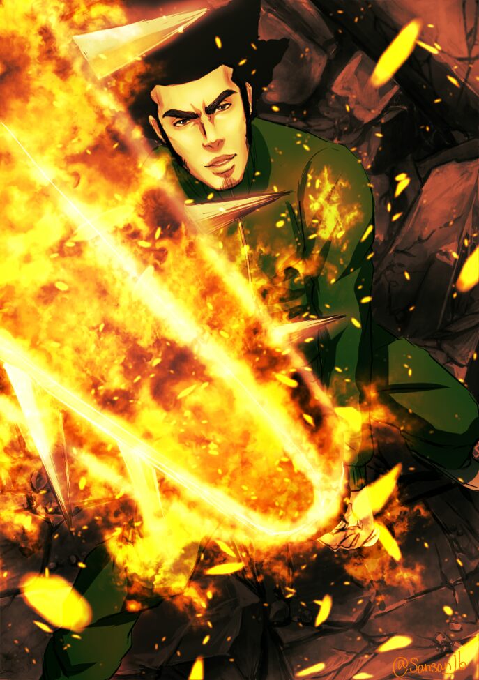 1boy, aikawa_love, black_hair, bleach, fire, holding, holding_weapon, legs_apart, long_sleeves, looking_at_viewer, male_focus, rock, san-san_(pixiv16523866), serious, shikai, sideburns, signature, standing, tengumaru_(shikai), weapon