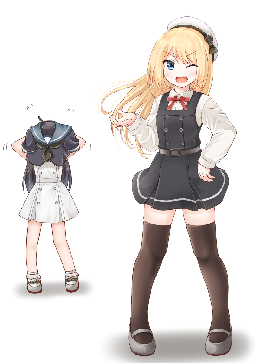 2girls, ;d, ahoge, asashio_(kantai_collection), asashio_(kantai_collection)_(cosplay), black_hair, black_legwear, blonde_hair