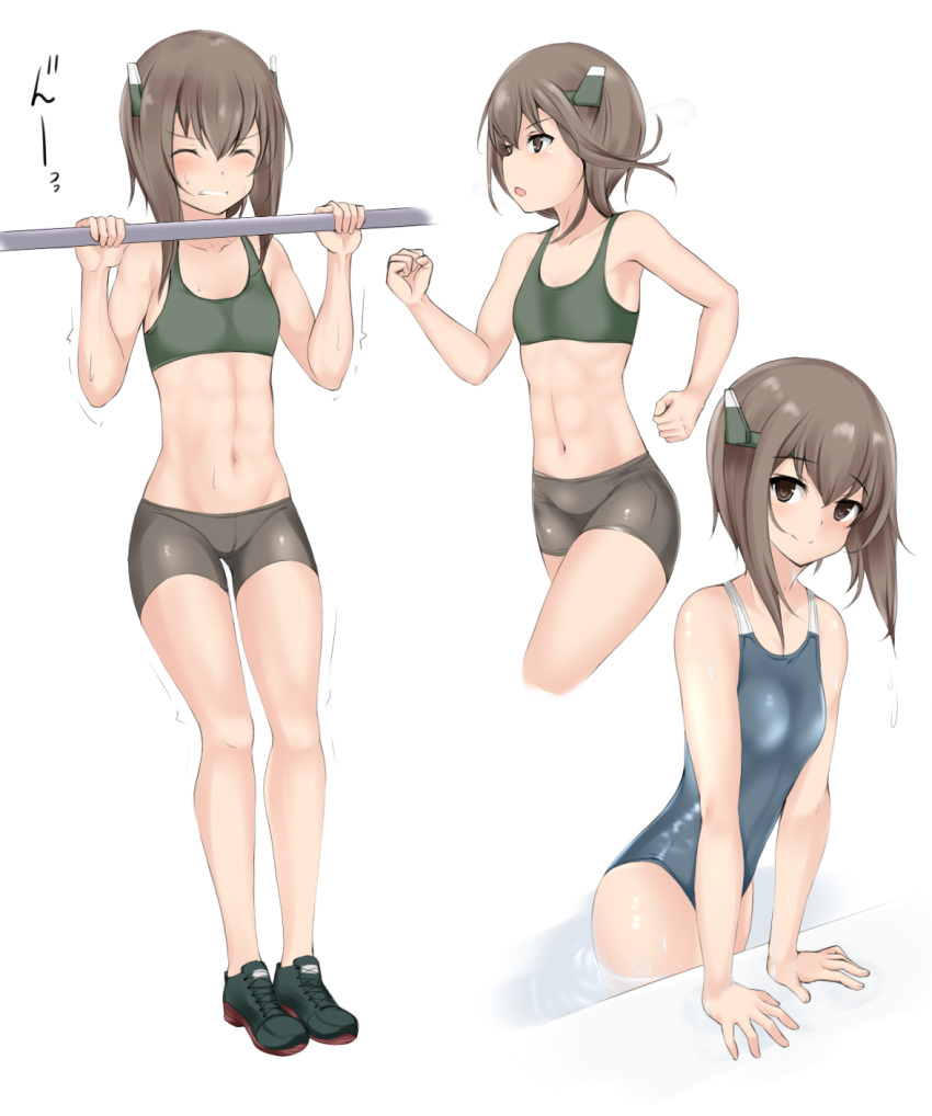 1girl, black_footwear, black_shorts, blue_swimsuit, brown_eyes, brown_hair, collarbone, competition_swimsuit, exercise, flat_chest, headband, headgear, highres, kantai_collection, multiple_views, navel, nn_tasu, one-piece_swimsuit, pullups, shiny, shiny_clothes, shoes, short_shorts, shorts, simple_background, sneakers, sports_bra, swimsuit, taihou_(kantai_collection), white_background