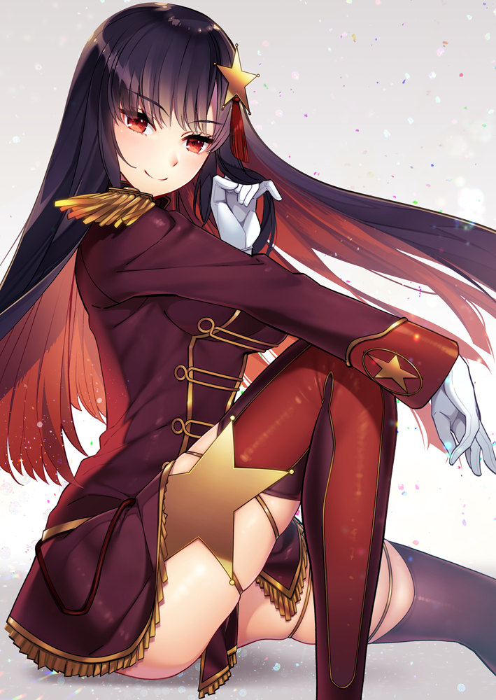 1girl, black_hair, black_jacket, black_skirt, closed_mouth, epaulettes, fringe_trim, from_side, gloves, gradient, gradient_background, grey_background, hair_ornament, hand_in_hair, jacket, knee_up, long_hair, long_sleeves, looking_at_viewer, miniskirt, multicolored_hair, red_eyes, redhead, shichiyou_mitsuru, sitting, skindentation, skirt, smile, solo, star, star_hair_ornament, station_memories, tassel, thigh-highs, thighs, two-tone_hair, two-tone_legwear, white_gloves, yzcg3222