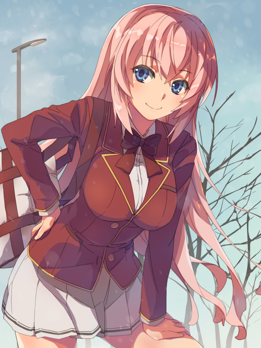 1girl, bag, blue_eyes, bow, bowtie, breasts, brown_bow, brown_neckwear