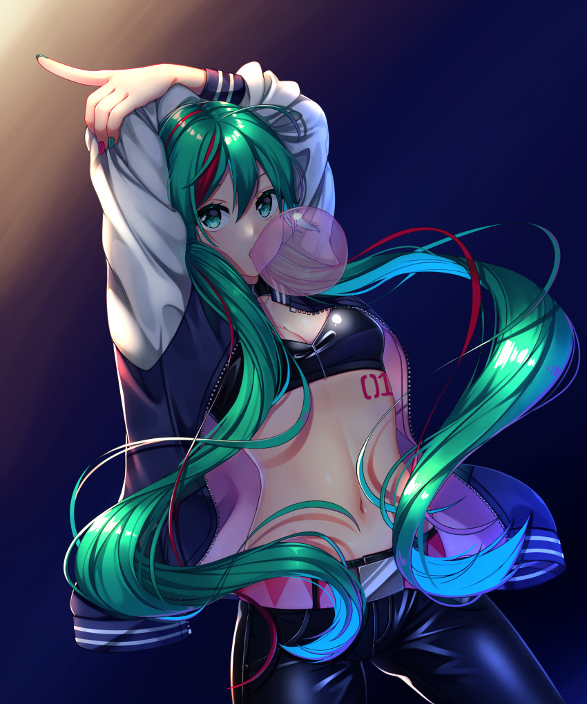 1girl, absurdres, arm_up, arms_up, belt, black_bra, black_pants, blue_hair
