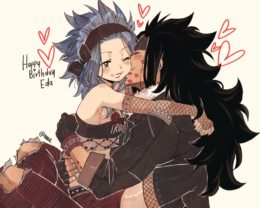 1boy, 1girl, ;d, arm_piercing, black_bow, black_gloves, black_hair, black_headband