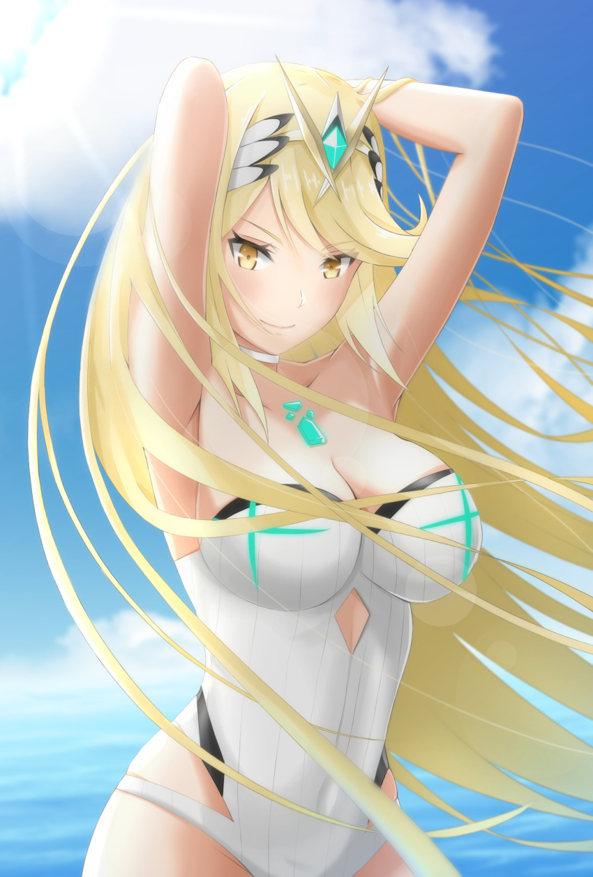 1girl, armpits, arms_up, bangs, beach, blonde_hair, blue_sky, blurry