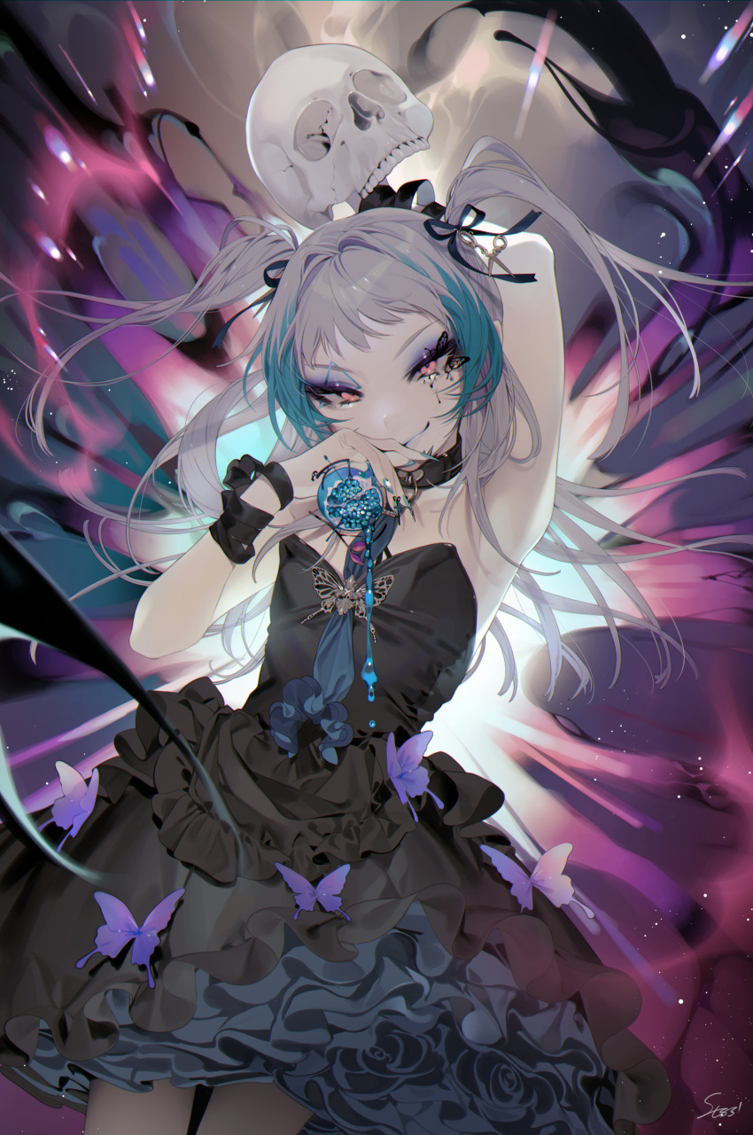 1girl, absurdres, arm_up, bare_shoulders, black_dress, black_ribbon, blue_hair, blue_nails