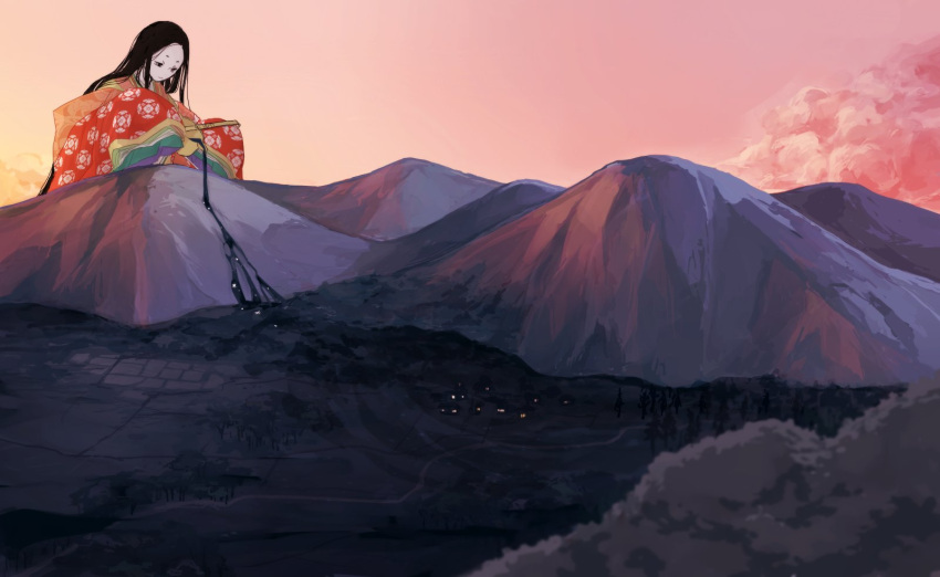 1girl, black_eyes, black_hair, commentary_request, giantess, highres, japanese_clothes, kamura_gimi