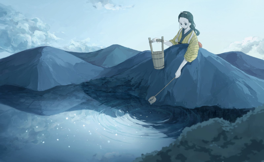 1girl, black_eyes, black_hair, blue_sky, bucket, clouds, cloudy_sky, highres