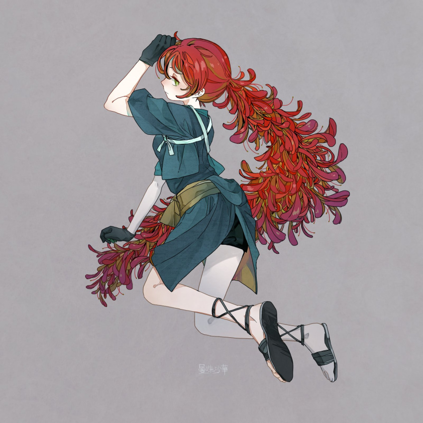 bangs, black_footwear, black_gloves, commentary_request, flower, from_behind, full_body, gloves