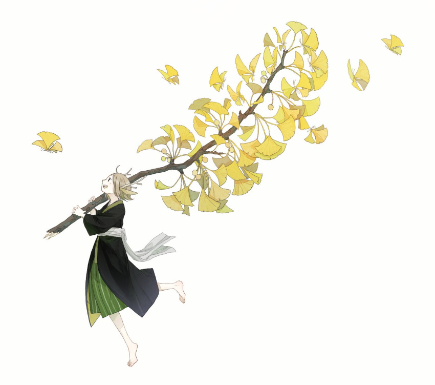 1girl, antlers, barefoot, branch, bug, butterfly, from_side, ginkgo, ginkgo_nut, highres, holding_branch, insect, japanese_clothes, kamura_gimi, leg_up, light_brown_hair, long_sleeves, looking_away, looking_up, open_mouth, original, oversized_plant, profile, running, short_hair, simple_background, smile, solo, white_background, yellow_butterfly, yellow_leaves