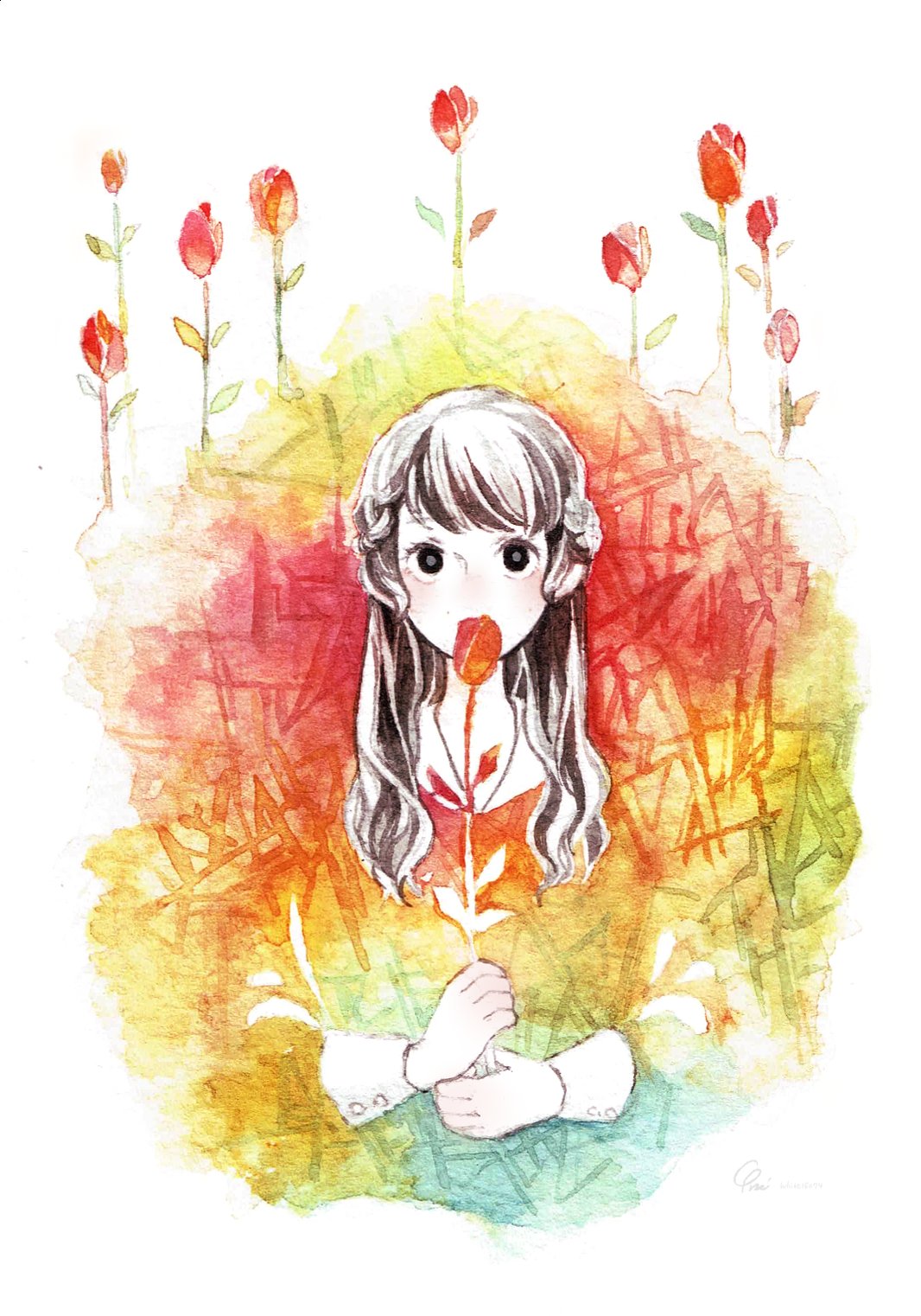 1girl, bangs, black_eyes, blending, brown_hair, covered_mouth, flower, highres