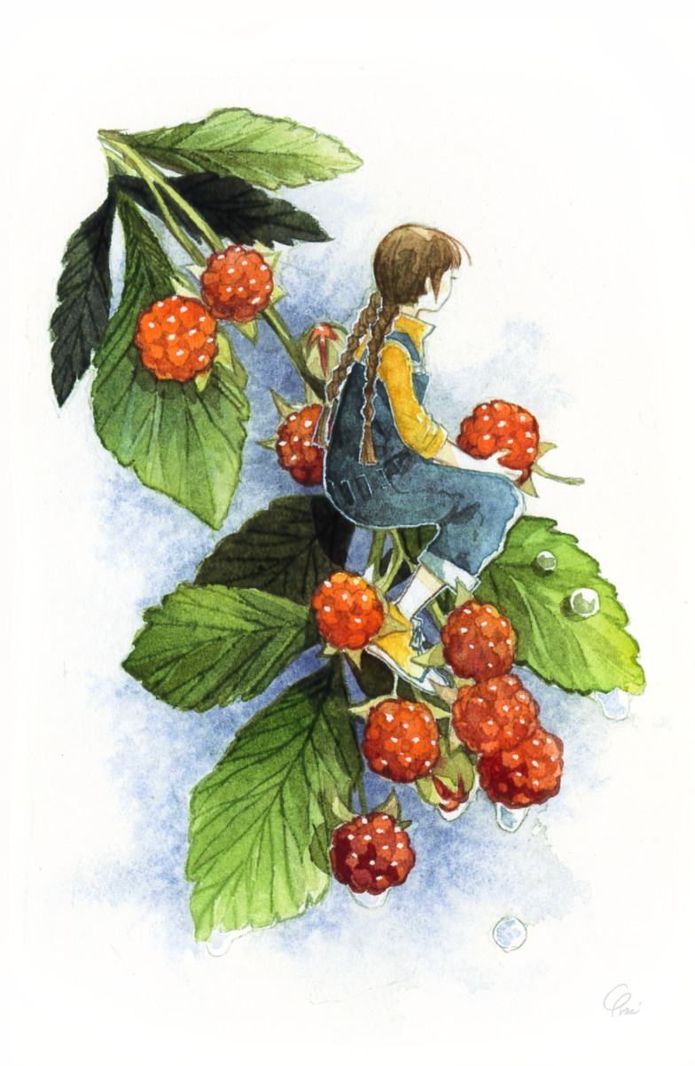 1girl, braid, brown_hair, facing_away, food, fruit, highres, holding