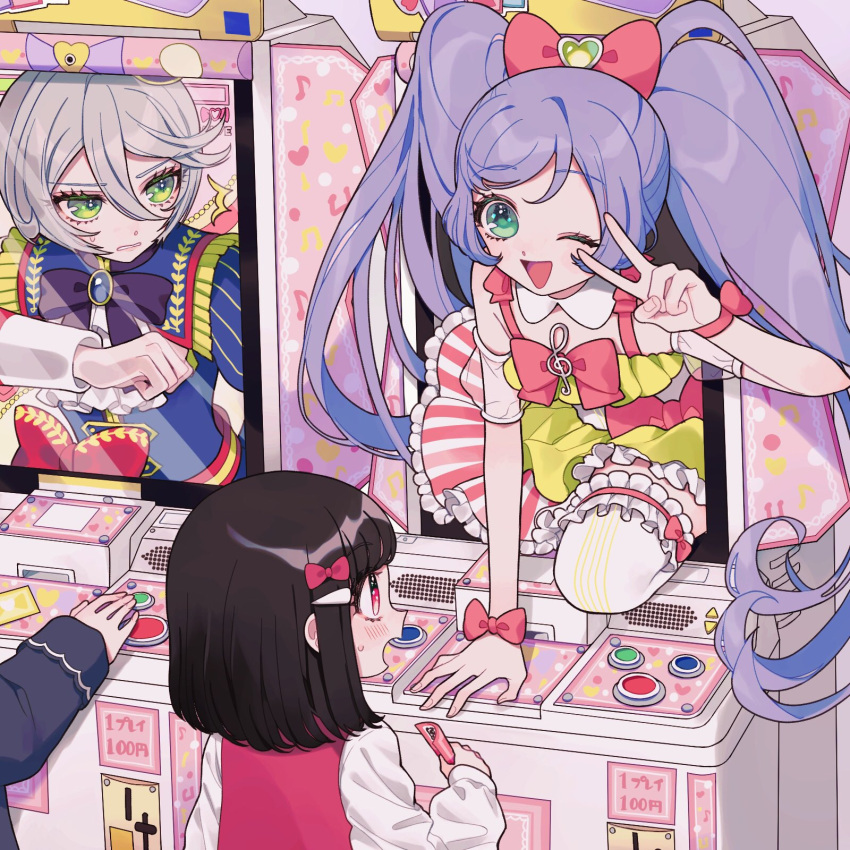 3girls, bangs, black_hair, blush, bow, don_(macaron_panda13), dress, eighth_note, eyebrows_visible_through_hair, green_eyes, grey_hair, hair_between_eyes, hair_bow, hair_ornament, heart, highres, long_hair, long_sleeves, manaka_lala, medium_hair, multiple_girls, musical_note, one_eye_closed, open_mouth, parted_lips, pink_bow, pripara, profile, purple_hair, red_eyes, shikyouin_hibiki, shirt, smile, thigh-highs, treble_clef, twintails, v, very_long_hair, white_legwear, white_shirt