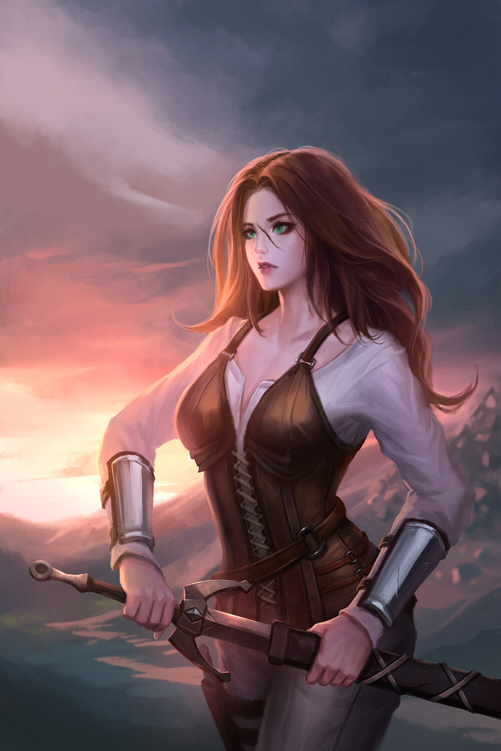 1girl, cover_image, drawing_sword, facing_viewer, green_eyes, highres, holster, lips