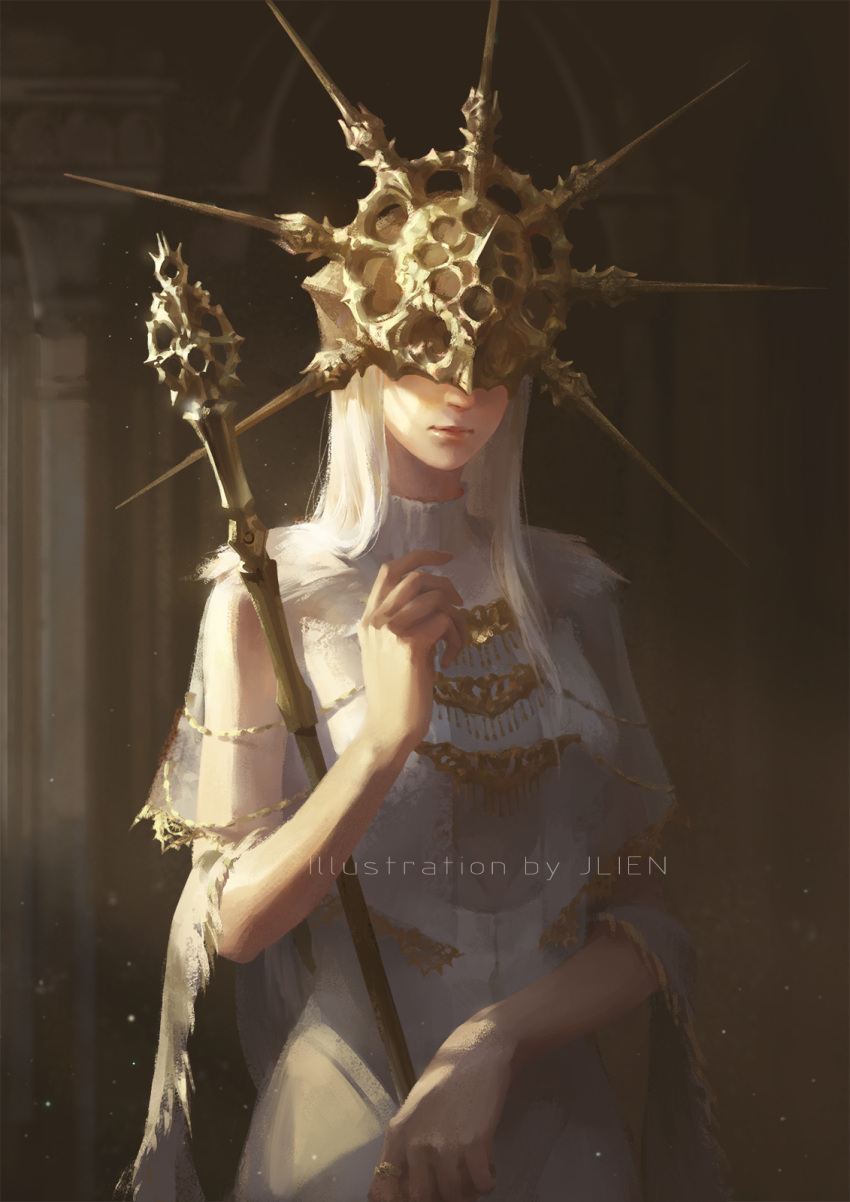 1boy, arch, artist_name, chain, chains, chinese_commentary, commentary_request, covered_eyes