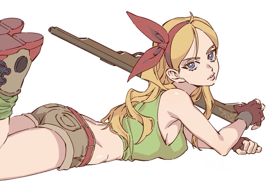 1girl, ass, bare_arms, bare_legs, bare_shoulders, belt, blonde_hair, blue_eyes, boots, dragon_ball, dragon_ball_(classic), eyelashes, gloves, gong_(mgong520), green_legwear, green_shirt, gun, hair_ribbon, long_hair, looking_at_viewer, lunch_(dragon_ball), lying, on_stomach, over_shoulder, parted_lips, red_gloves, red_ribbon, ribbon, rifle, shirt, shorts, simple_background, sleeveless, sleeveless_shirt, solo, weapon, weapon_over_shoulder, white_background