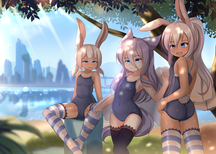 3girls, absurdres, animal_ears, bangs, black_legwear, blue_sky, blurry, blurry_background