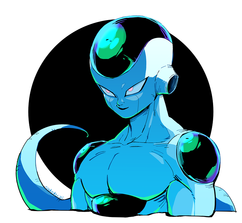 1boy, arms_at_sides, blue_theme, circle, dragon_ball, dragonball_z, evil_smile, frieza, green_theme, kokusoji, looking_at_viewer, male_focus, pink_eyes, shaded_face, simple_background, smile, tail, twitter_username, upper_body, white_background