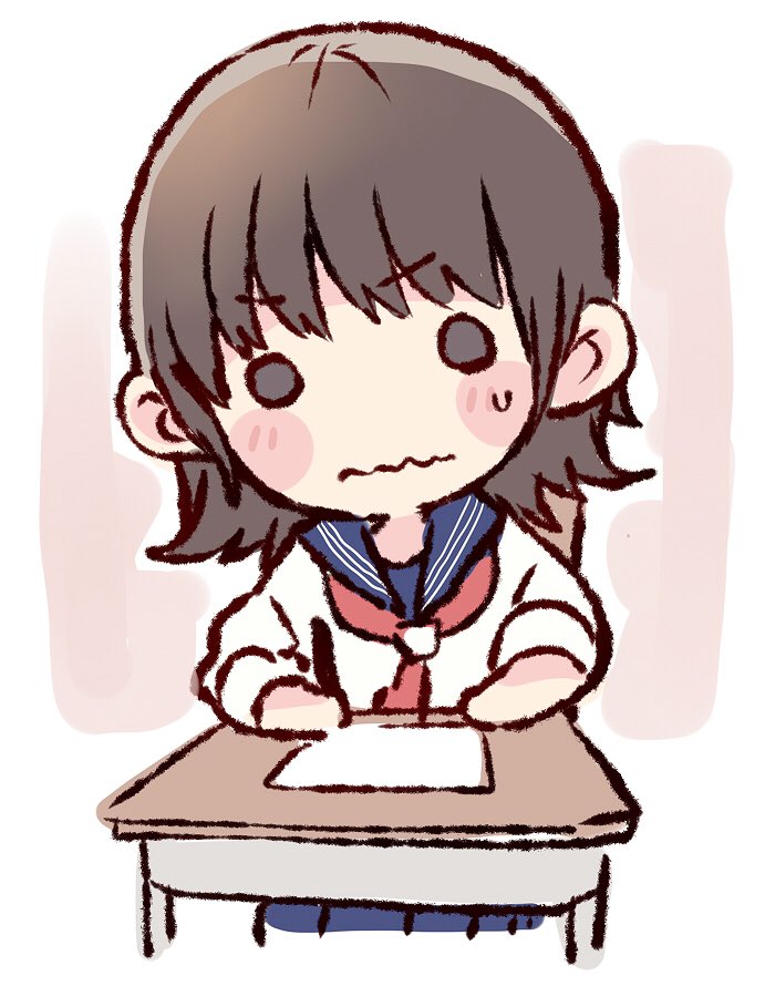 1girl, akb48, bangs, black_eyes, blush, brown_hair, chibi, commentary_request