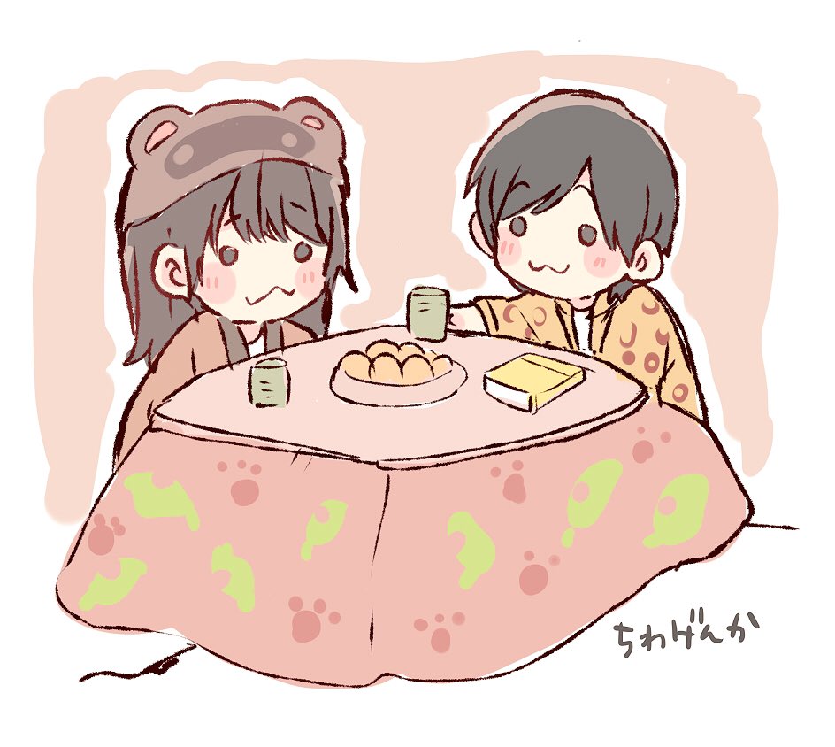 2girls, :3, akb48, animal_hat, bangs, black_hair, book, bowl