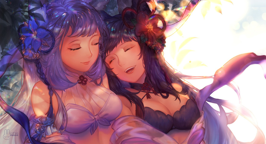 2girls, animal_ears, artist_logo, bangs, bare_shoulders, bell, black_hair, blush