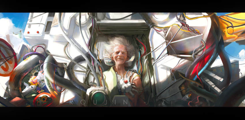 1boy, cable, clothesline, copyright_name, grey_hair, highres, letterboxed, looking_at_viewer