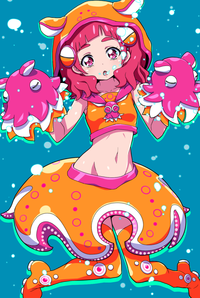 1girl, :o, air_bubble, animal_hood, armpits, bare_shoulders, blush, boots