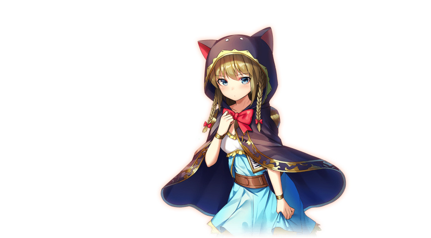 1girl, animal_hood, bangs, blue_dress, blue_eyes, blush, bow, bracelet