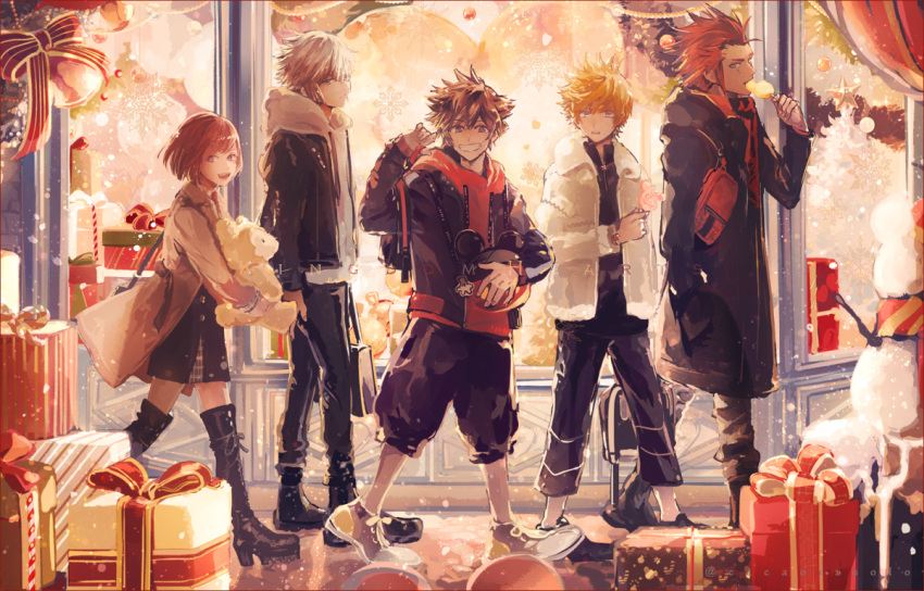 1girl, 4boys, axel_(kingdom_hearts), ayano_(katou), backpack, bag, blonde_hair, boots