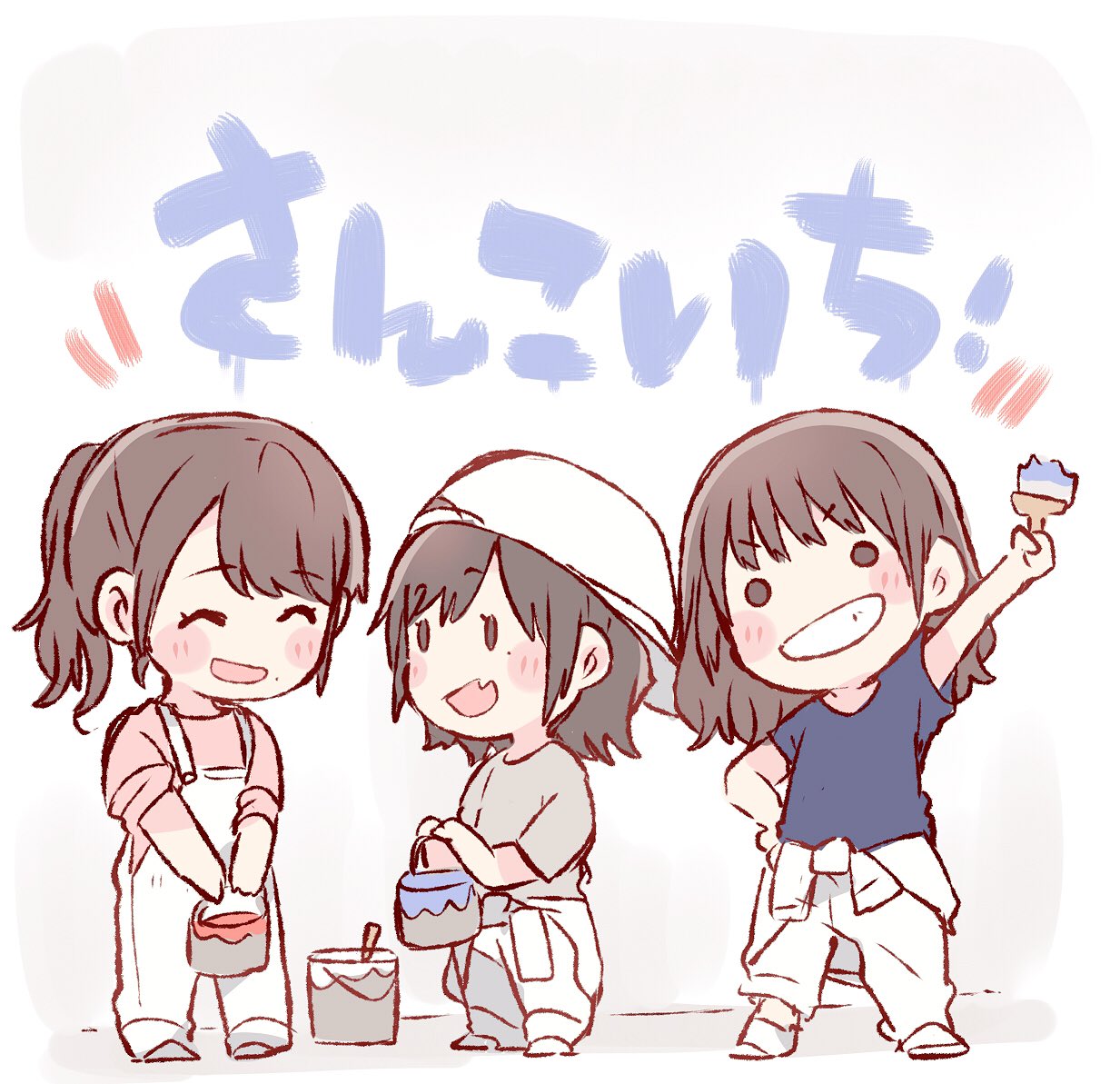 3girls, :d, ^_^, akb48, arm_up, backwards_hat, bangs, baseball_cap