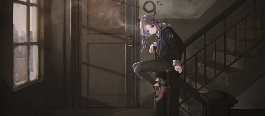 1girl, backpack, bag, cigarette, closed_mouth, door, full_body, grey_eyes, hair_ornament, highres, hood, hood_down, hooded_jacket, jacket, leggings, long_hair, long_sleeves, mark_simonov, original, railing, shoes, silver_hair, sitting, sitting_on_railing, smoke, smoking, sneakers, solo, stairs, twintails, window