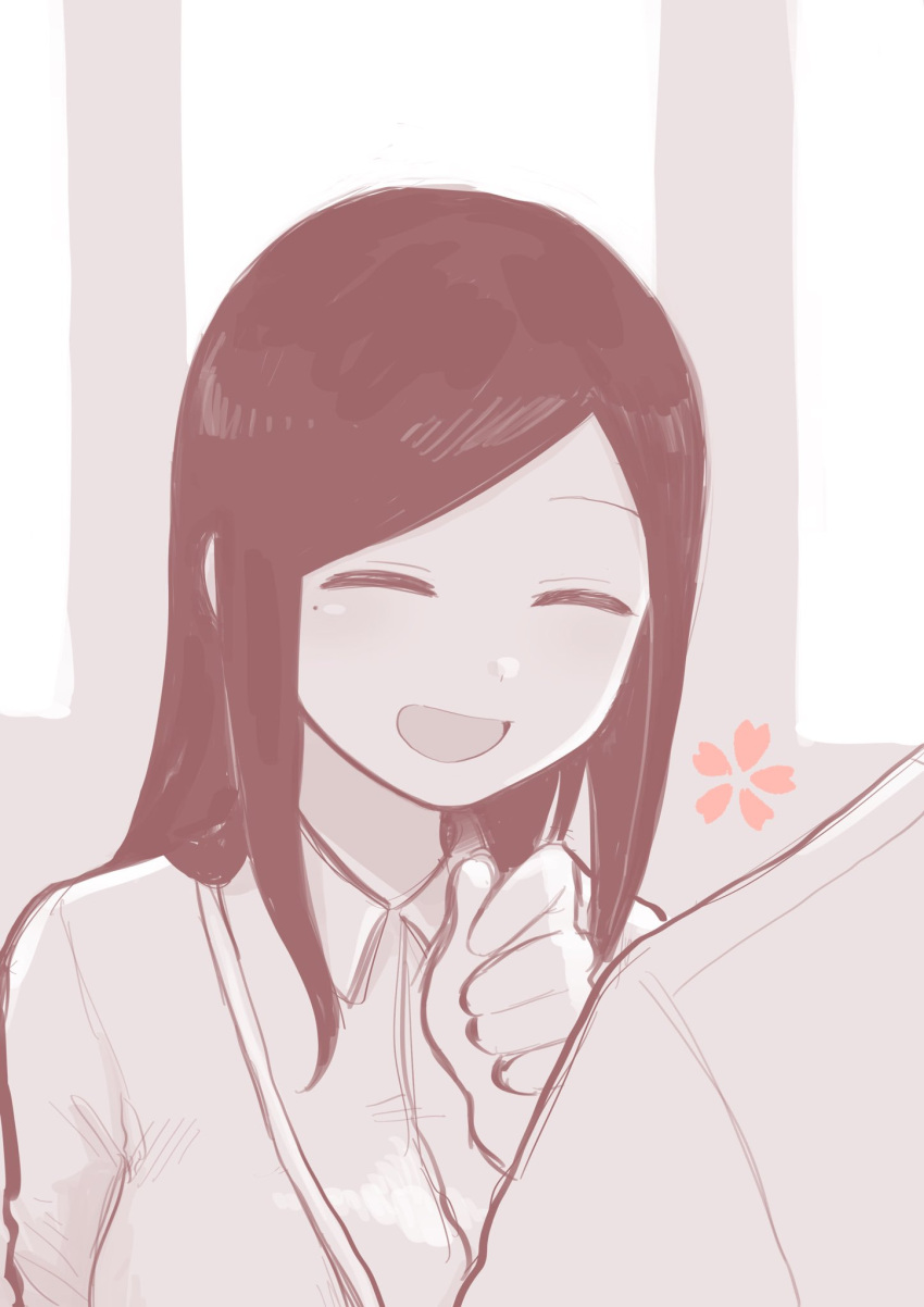 1girl, black_hair, breasts, cherry_blossoms, closed_eyes, collared_shirt, commentary_request, flower