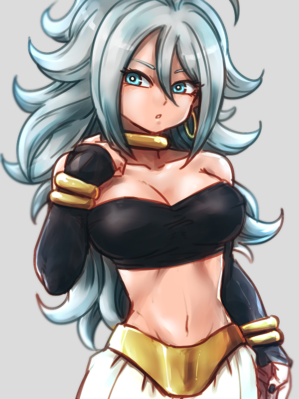 1girl, android_21, bandeau, bare_shoulders, black_nails, blue_eyes, bracelet, breasts, cleavage, collarbone, commentary_request, cosplay, curly_hair, detached_sleeves, dragon_ball, dragon_ball_fighterz, earrings, hand_up, harem_pants, hoop_earrings, jewelry, long_hair, looking_at_viewer, majin_android_21, majin_android_21_(cosplay), medium_breasts, nail_polish, navel, neck_ring, pants, parted_lips, ring, solo, st62svnexilf2p9, very_long_hair, white_hair, white_pants