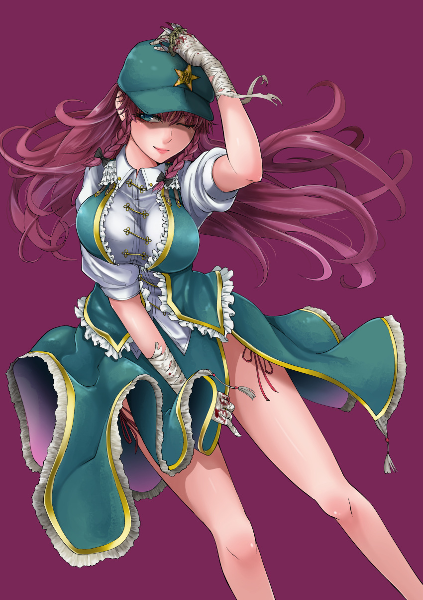 1girl, ;), absurdres, arm_up, bandage, bandaged_hands, bandages, bangs