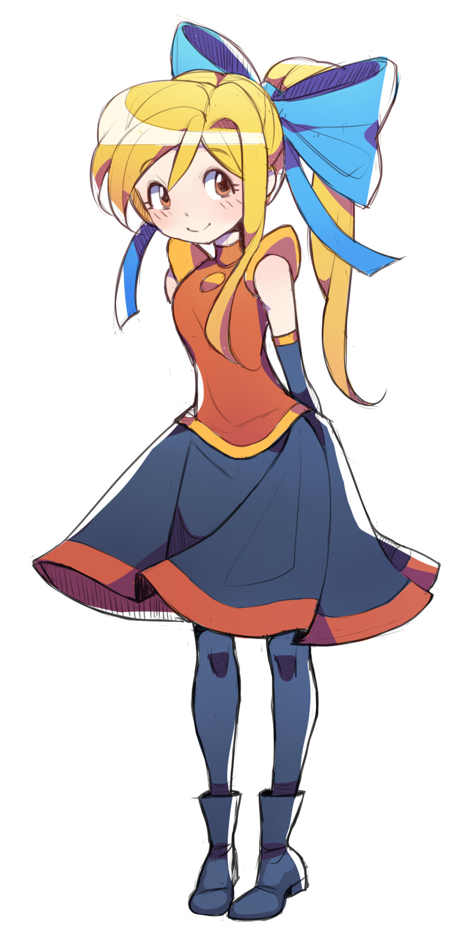 1girl, alternate_hairstyle, ankle_boots, arms_behind_back, black_legwear, blonde_hair, blue_bow, blush, boots, bow, brown_eyes, chereverie, commentary, detached_sleeves, english_commentary, eyebrows_visible_through_hair, full_body, hair_bow, highres, long_hair, long_skirt, pigeon-toed, ponytail, robin_(the_iconoclasts), sidelocks, skirt, sleeveless, smile, solo, standing, the_iconoclasts, younger