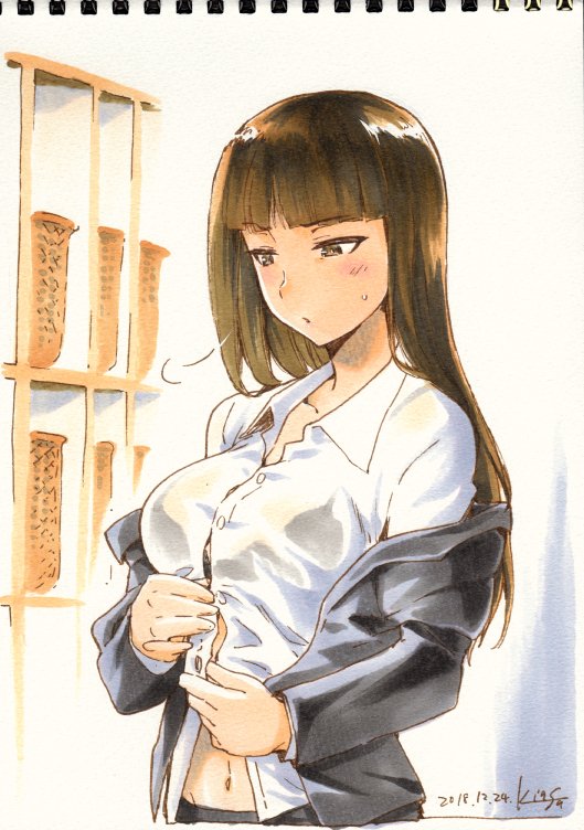 1girl, =3, artist_name, bangs, black_jacket, blunt_bangs, dated, dress_shirt