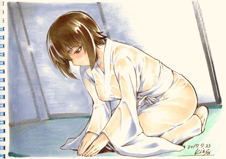 1girl, artist_name, bangs, barefoot, blush, bowing, brown_eyes, brown_hair