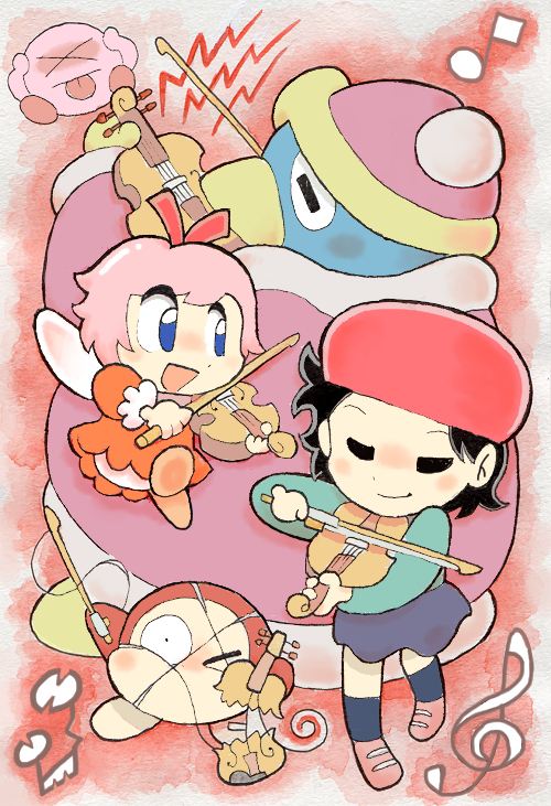 :d, adeleine, bound, closed, covering_ears, eyes, hal_laboratory_inc., hoshi_no_kirby, hoshi_no_kirby_64, instrument, king_dedede, kirby, kirby_(series), kirby_64, nintendo, note, oda_takashi, open_mouth, ribbon_(kirby), smile, tied_up, traditional_media, violin, waddle_dee, watercolor_(medium), xp_(expression)