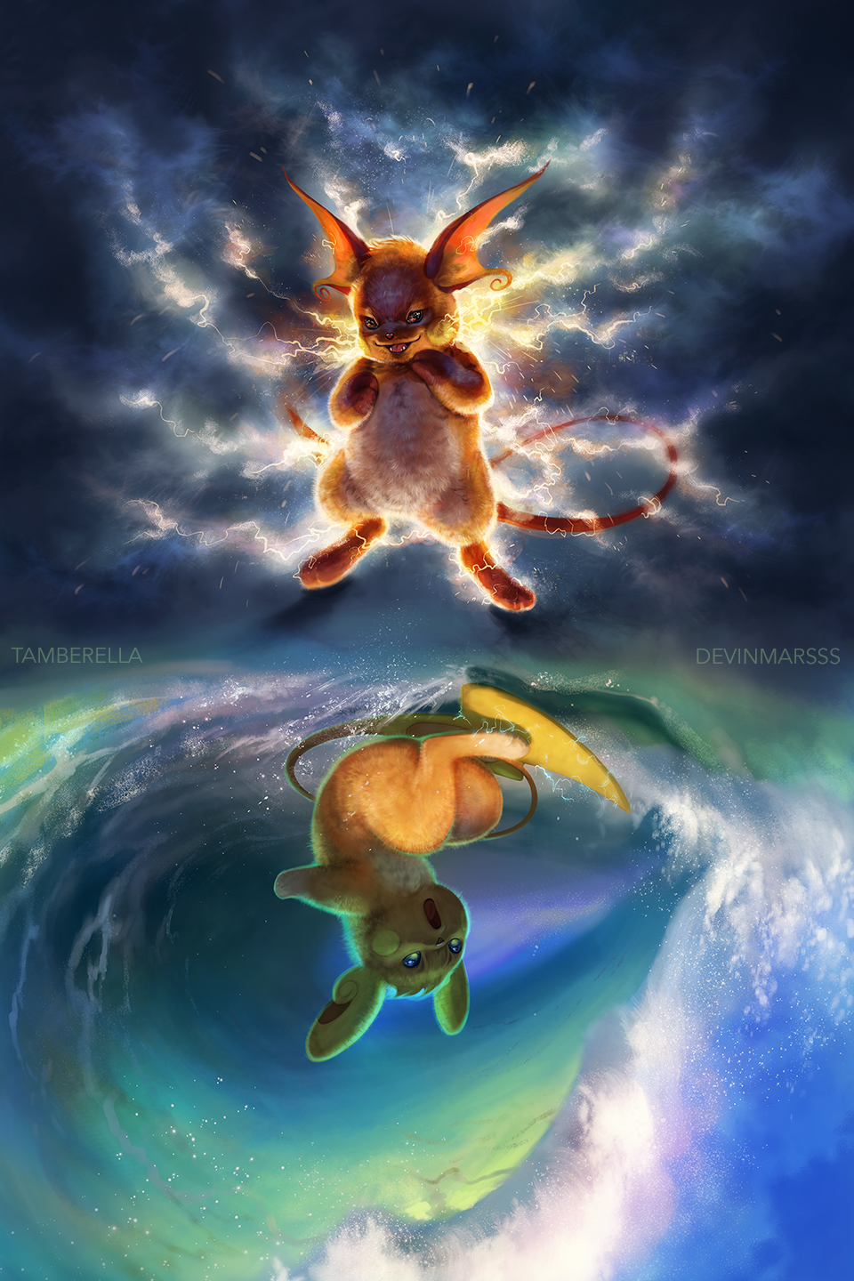 alolan_and_normal, alolan_form, alolan_raichu, creature, creatures_(company), dark, devin_elle_kurtz, electricity, fangs, full_body, game_freak, gen_1_pokemon, highres, looking_at_viewer, nintendo, no_humans, open_mouth, pokemon, pokemon_(creature), raichu, realistic