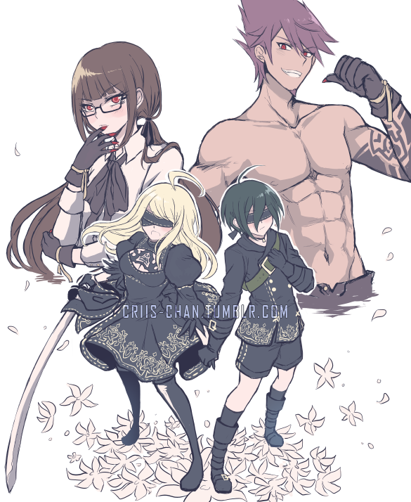 adam_(nier_automata), ahoge, akamatsu_kaede, alternate_costume, black_blindfold, black_dress, black_gloves, black_jacket, blindfold, blonde_hair, blush, boots, breasts, collarbone, commentary, criis-chan, crossover, cutout, dangan_ronpa, dress, eve_(nier_automata), flower, glasses, gloves, grin, harukawa_maki, holding, holding_sword, holding_weapon, jacket, large_breasts, long_hair, looking_at_viewer, momota_kaito, navel, new_dangan_ronpa_v3, nier_(series), nier_automata, red_eyes, saihara_shuuichi, shirt, short_hair, shorts, simple_background, smile, sword, thigh-highs, thigh_boots, topless, twintails, weapon, white_background, white_shirt, yorha_no._2_type_b, yorha_no._9_type_s