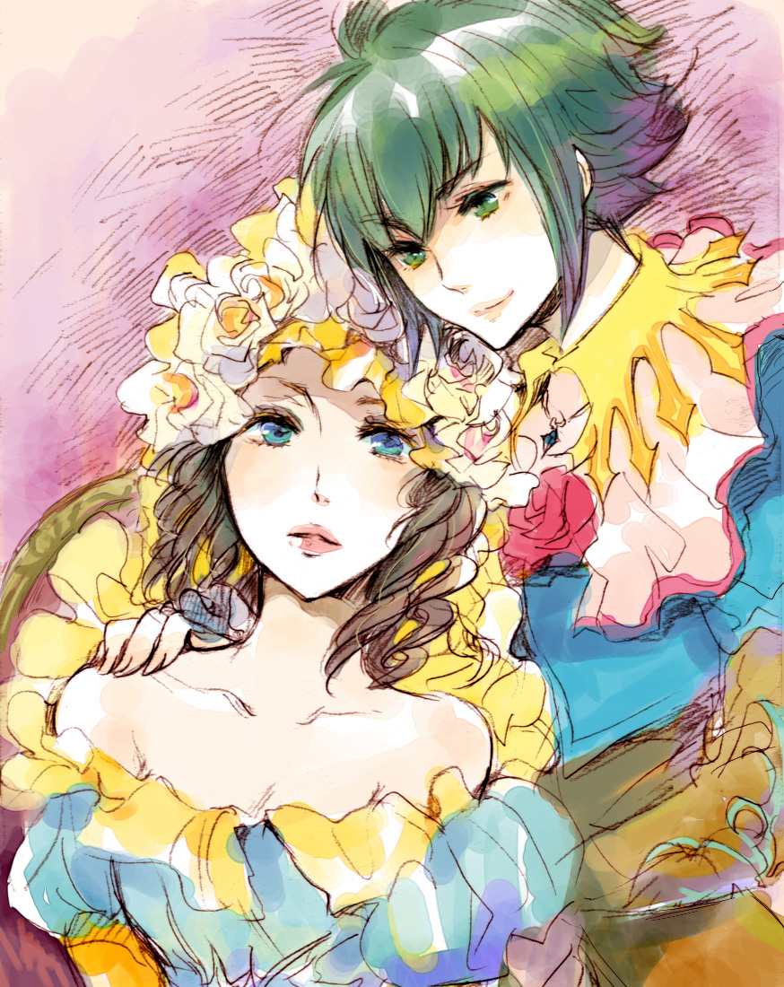 2girls, asellus, asellus_(saga_frontier), ass, ayaco_cc, blush, boots, breasts, brown_hair, cleavage, curly_hair, dress, flower, gloves, green_hair, hair_flower, hair_ornament, headdress, high_heel_boots, high_heels, legs, lipstick, long_hair, makeup, medium_breasts, multiple_girls, princess_white_rose, red_eyes, red_flower, red_rose, rose, saga, saga_frontier, short_hair, small_breasts, smile, strapless, strapless_dress, white_flower, white_rose, yuri