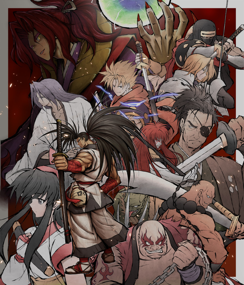 90s, ainu_clothes, armor, bald, big_belly, bird, black_gloves, black_hair