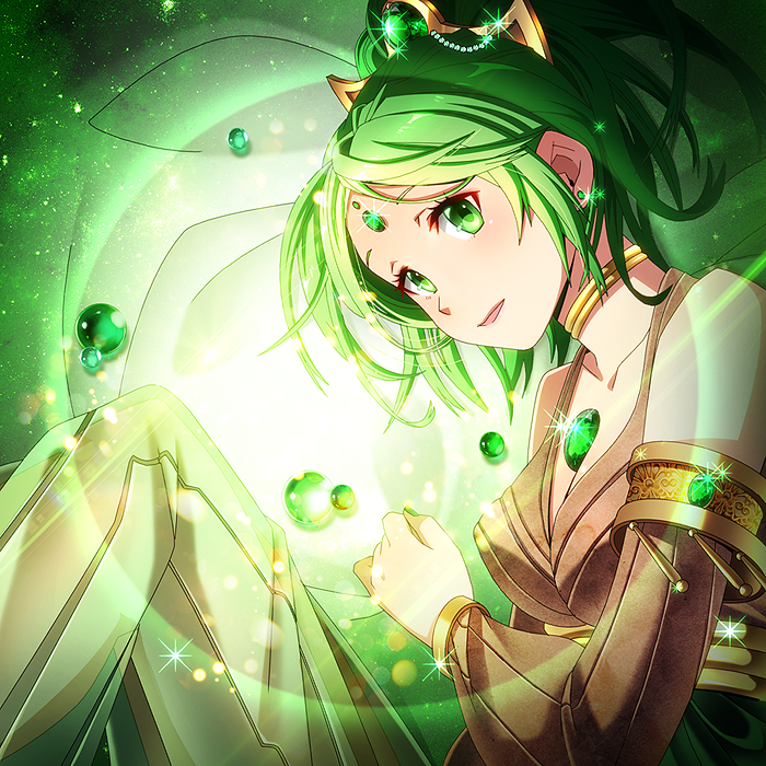 1girl, armlet, diamond_(gemstone), dress, earrings, emerald_(gemstone), esmeralda, flower, forehead_jewel, gem, green_dress, green_eyes, green_hair, green_theme, hair_ornament, hair_strand, hand_on_own_chest, headdress, jewelry, legend_of_mana, long, long_hair, neck_ring, seiken_densetsu